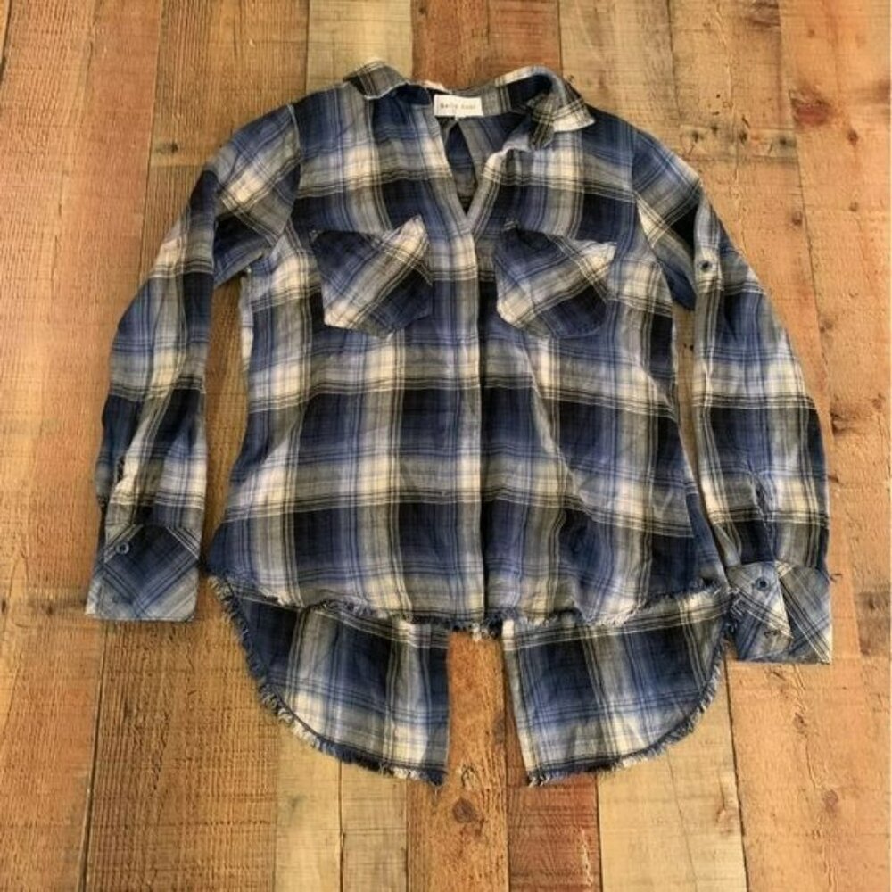Bella Dahl womens blue plaid long sleeve asymmetrical v-neck button up -XS